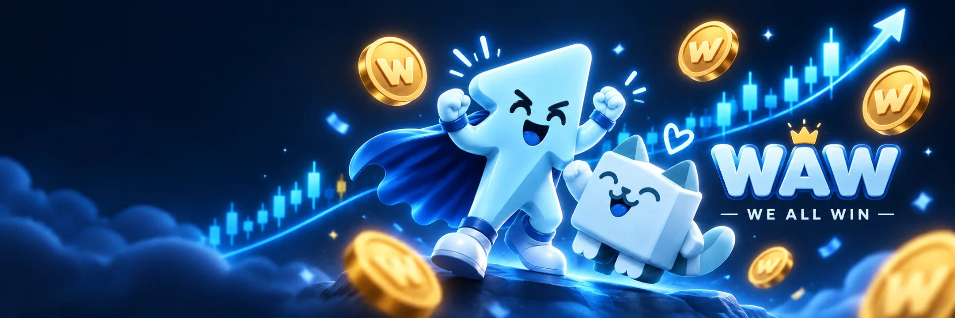 Arrow and Launch Cat celebrating together under a rising chart and golden WAW coins